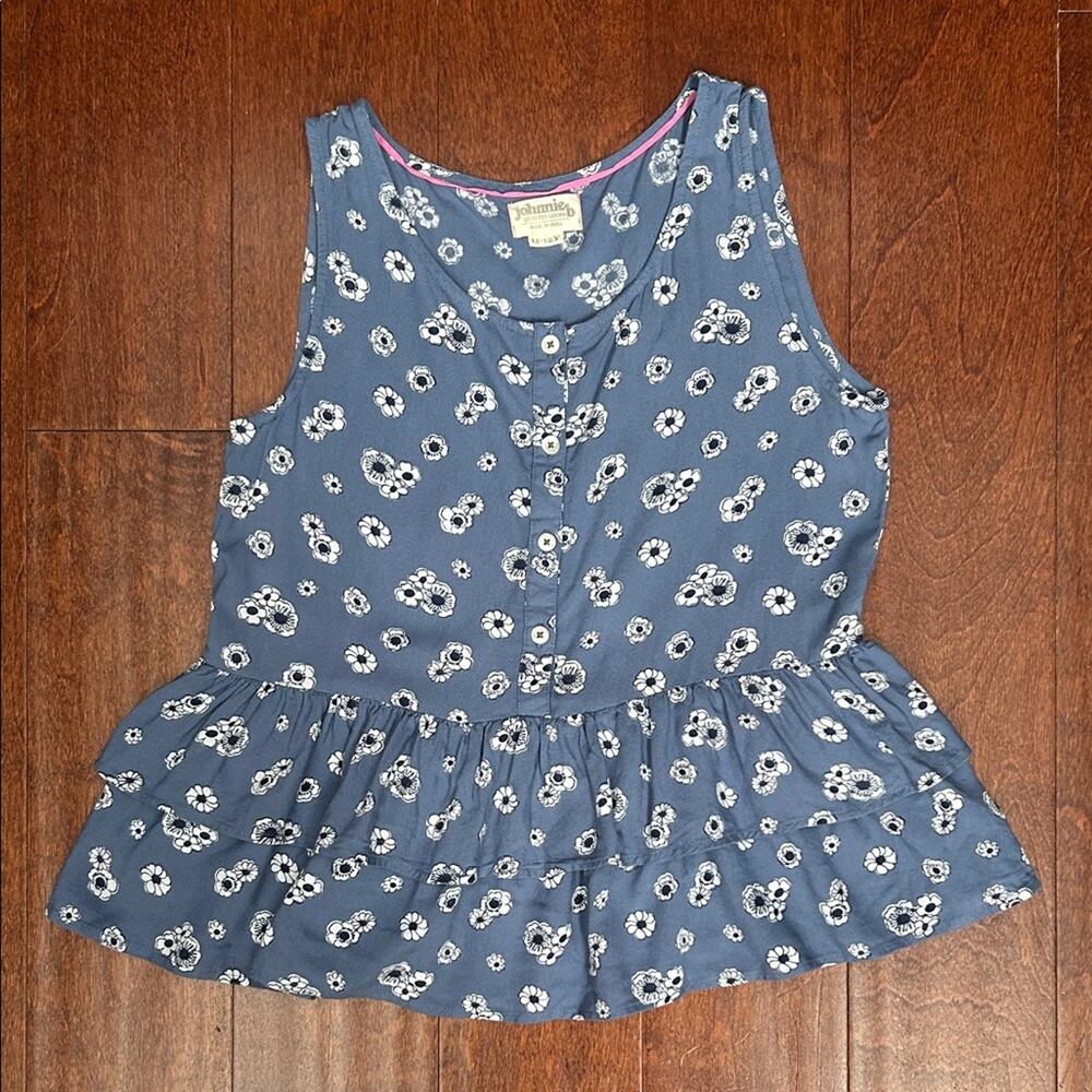 Boden Johnnie B Blue Floral Kids Sleeveless Tiered Summer Blouse, Size 11-12Y